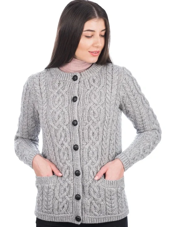 SAOL Ireland Aran 100% Merino Wool Cable Knit Button Cardigan Grey Size Small - Picture 11 of 11